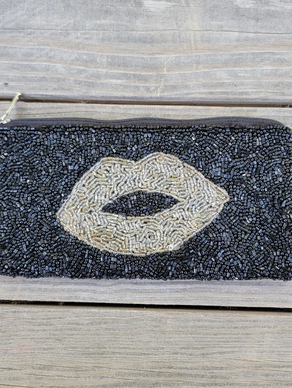 Expressions NYC black and silver beaded lips pouch or clutch purse
